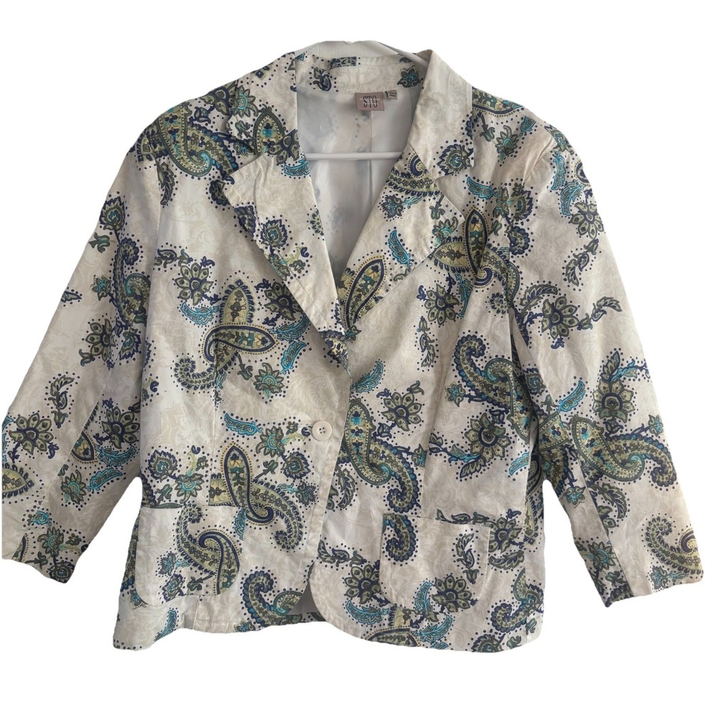 STO Womens Large Multicolor Paisley Cotton Blazer Button Front Jacket Boho